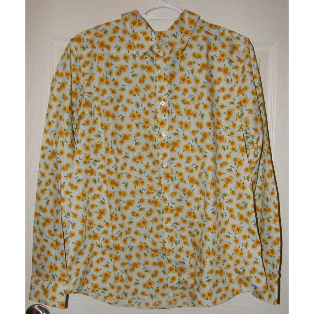 LANDS END Sunflower Print Sz 8 No Iron Cotton Long Sleeve Button Up Shirt NEW
